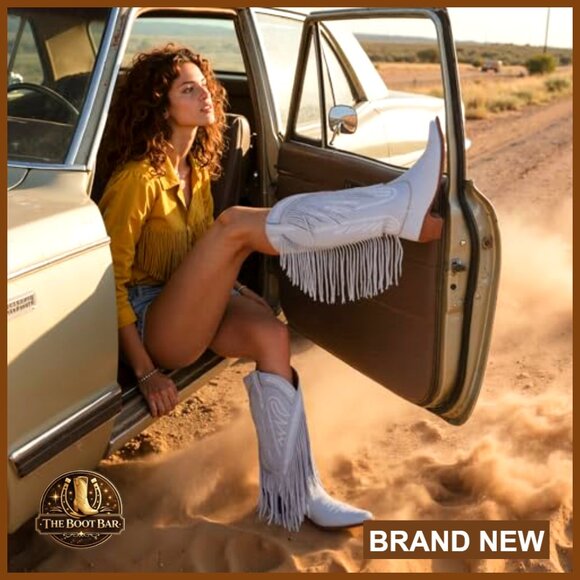 Retro Pointed Toe Pull On Block Heel Embroidered Tassel Cowgirl Boots - Picture 3 of 7